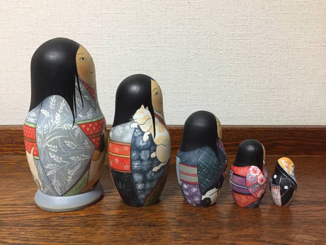 ロシア雑貨☆着物マトリョーシカ(5P)和風猫 ボボワ作 オマケ付き♪