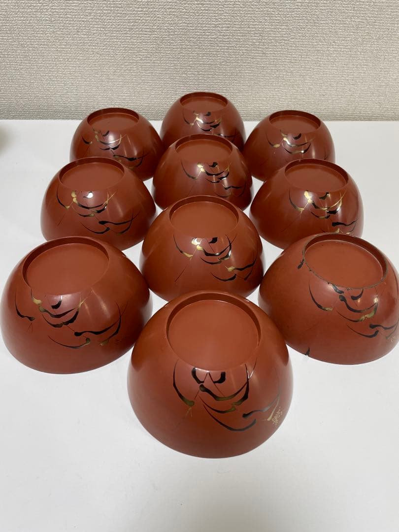 漆器 懐石道具 芦泉謹製 木製溜塗 雑煮椀 吸物椀 10客揃 内朱 鶴 鳥柄