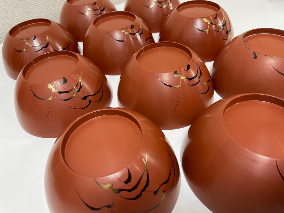 漆器 懐石道具 芦泉謹製 木製溜塗 雑煮椀 吸物椀 10客揃 内朱 鶴 鳥柄