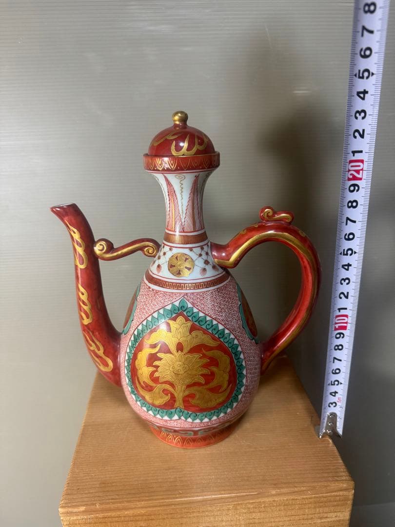 2642 九谷焼 角福　赤絵 金蘭手 仙盞瓶　酒器　時代物