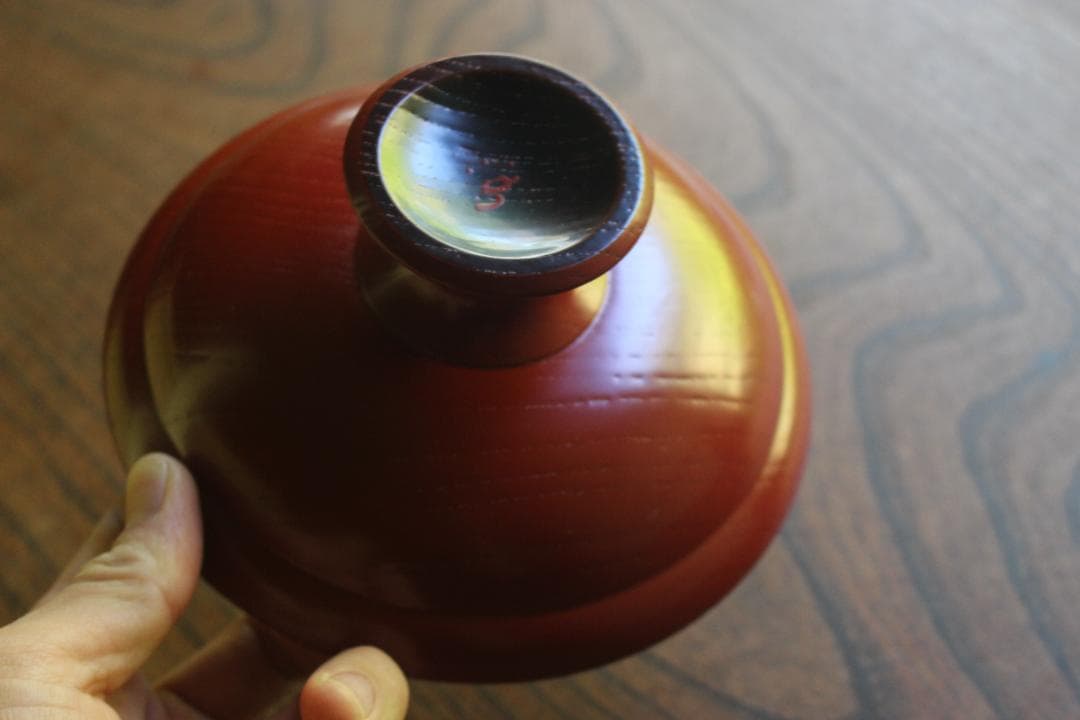 デッドストック！極上搔合朱漆に刷毛目黒漆円相文の美しい台付丸盆（検輪島塗菓子器