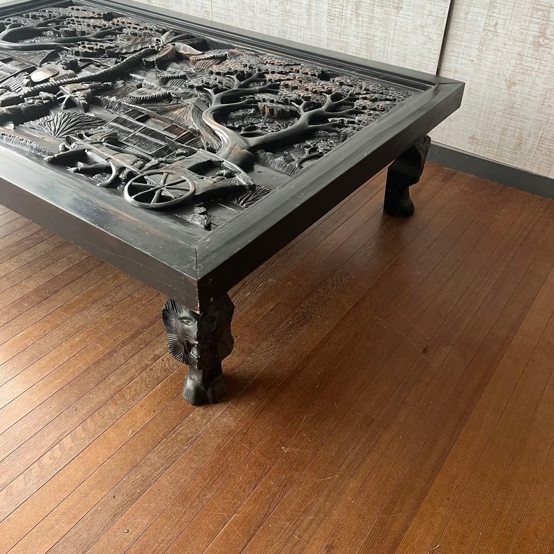 【アンティーク】黒檀？ 無垢材 木彫り センターテーブル 座卓 農村 古家具