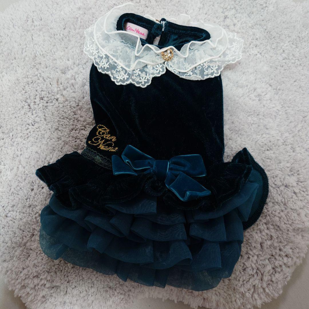 きゃんナナ犬服 グリーン ベルベットボリュームフリルベロアワンピース Sサイズ