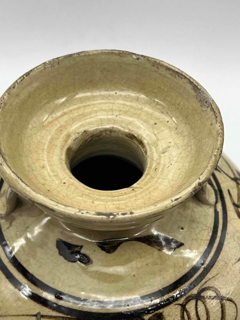 宋時代　磁州窯双耳盤口壺　茶道具　唐物　古物　時代物(E-73)