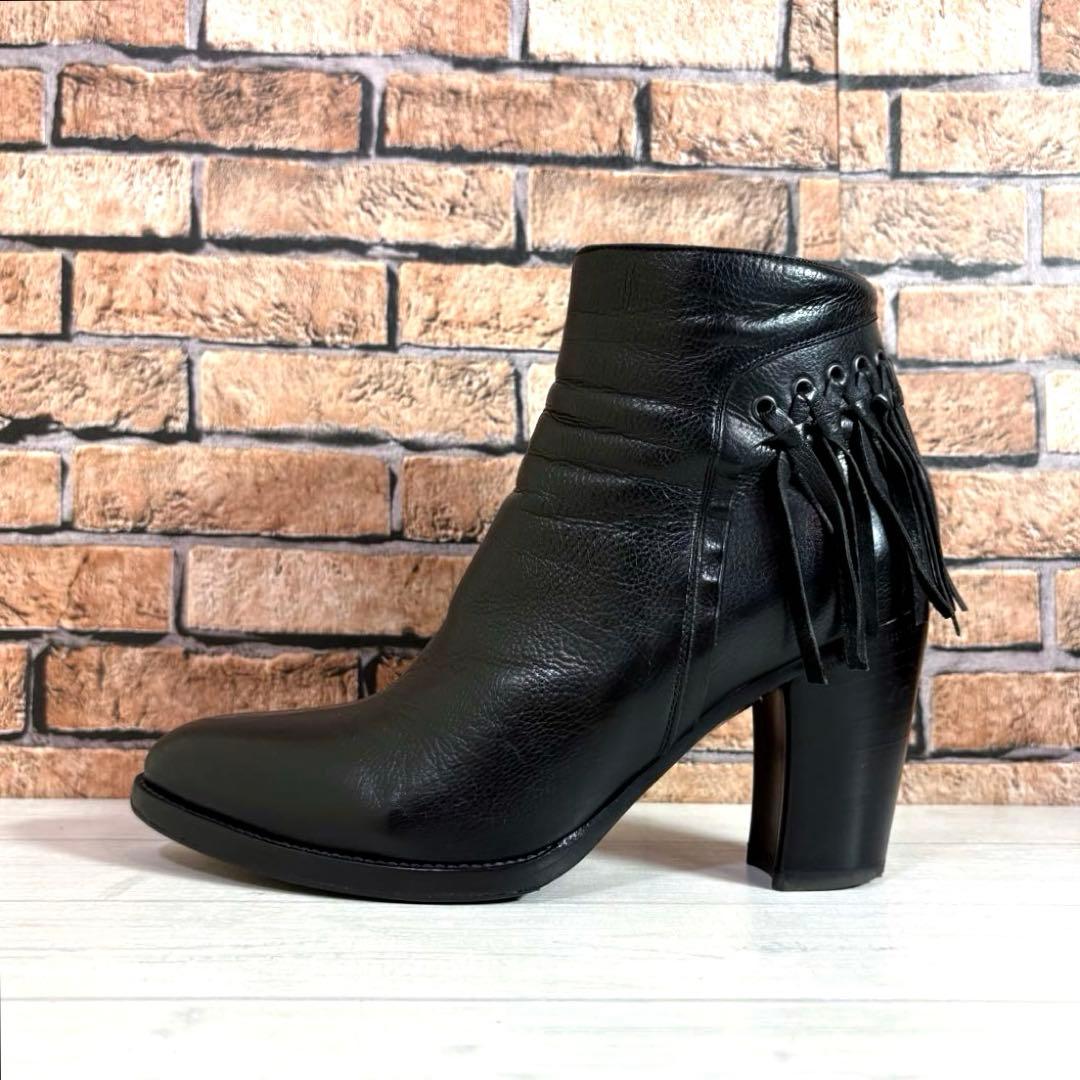 美品■サルトル■ショートブーツ✨サイドジップ フリンジ 本革 チャンキーヒール