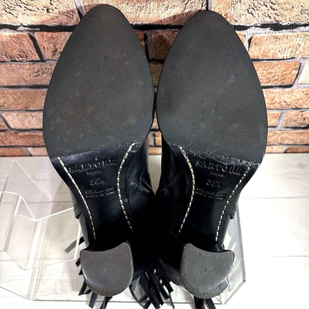 美品■サルトル■ショートブーツ✨サイドジップ フリンジ 本革 チャンキーヒール