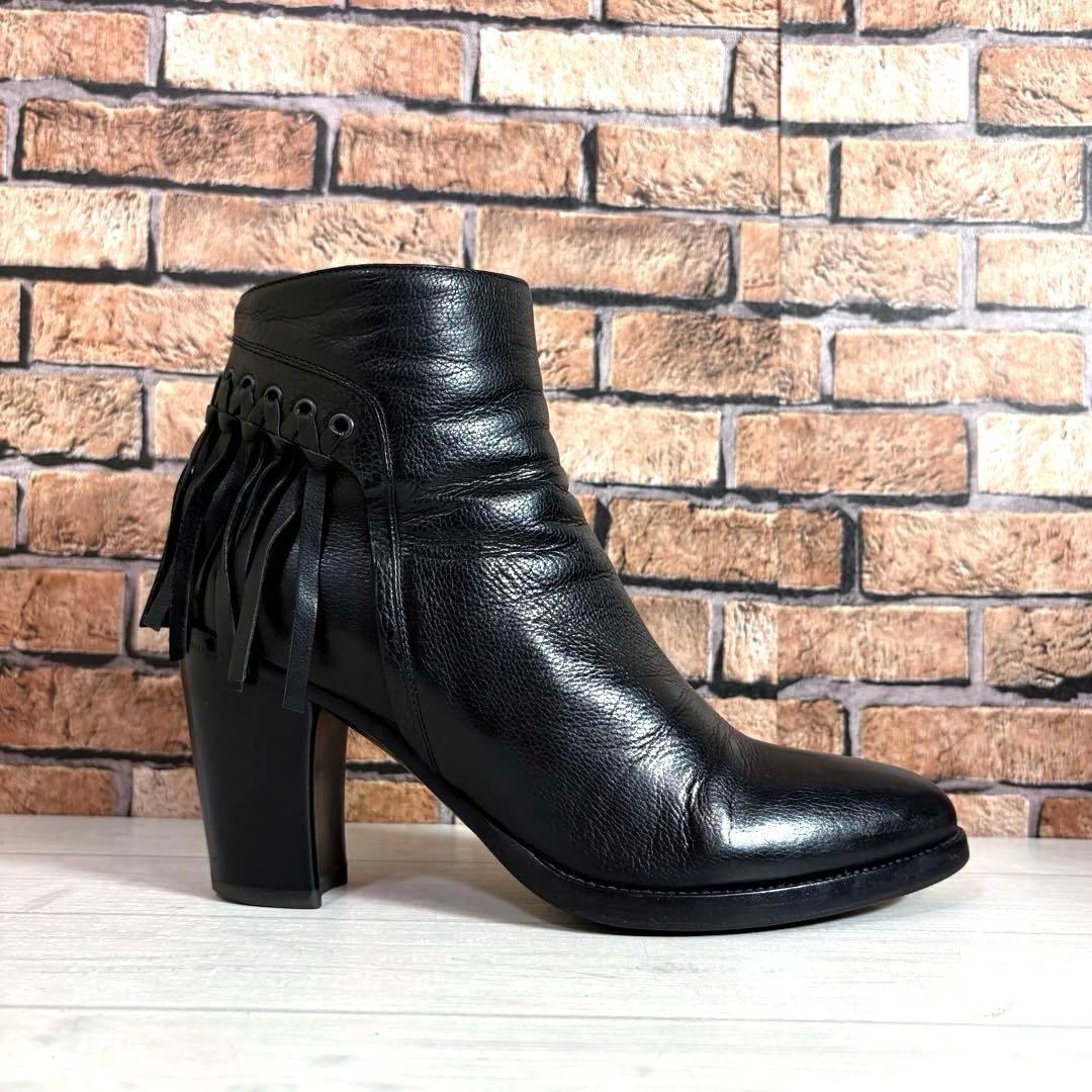 美品■サルトル■ショートブーツ✨サイドジップ フリンジ 本革 チャンキーヒール