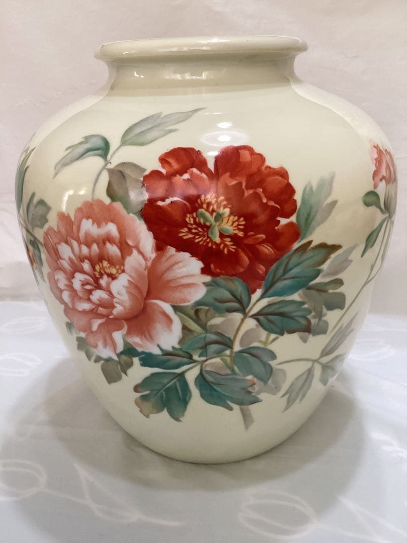 オールドノリタケ　日陶印　月桂樹　大輪牡丹花柄陶器花瓶　ビンテージ　昭和レトロ