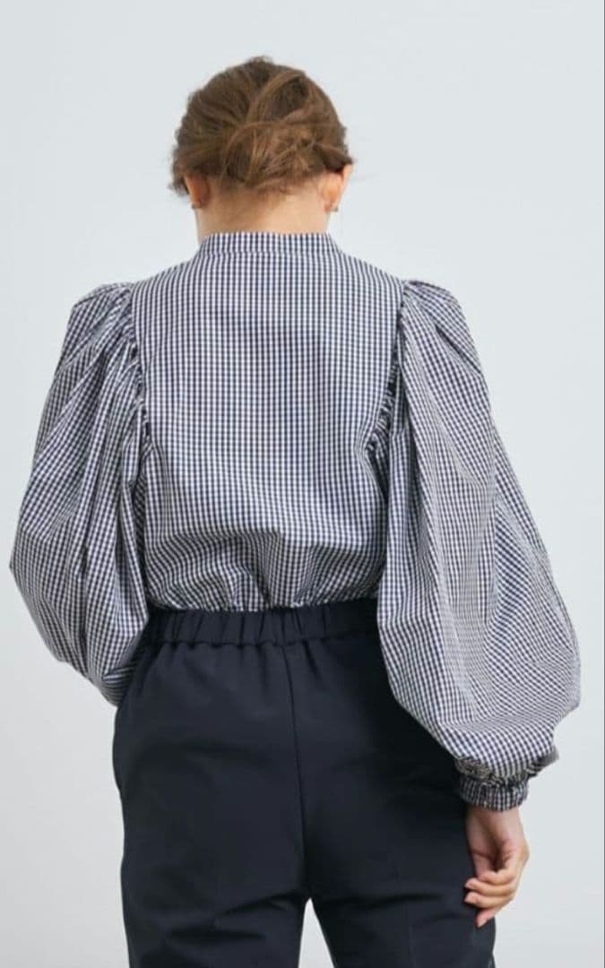 yori ヨリ リボンパフスリーブ ブラウス ネイビー ギンガムチェック