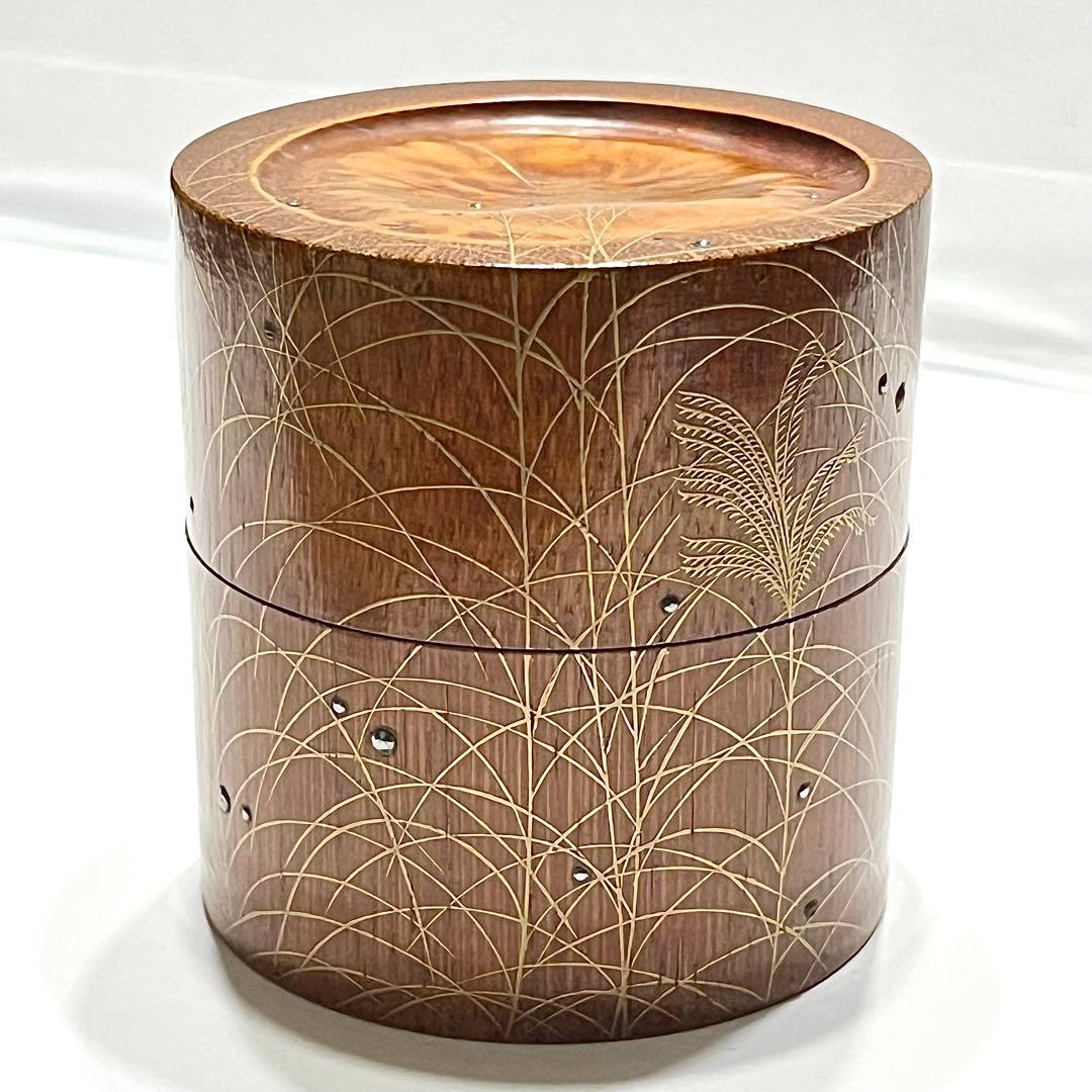 ●哲山作●秋草蒔絵●竹中次●利休棗●露粒●棗●茶道●薄●芒●ススキ●骨董