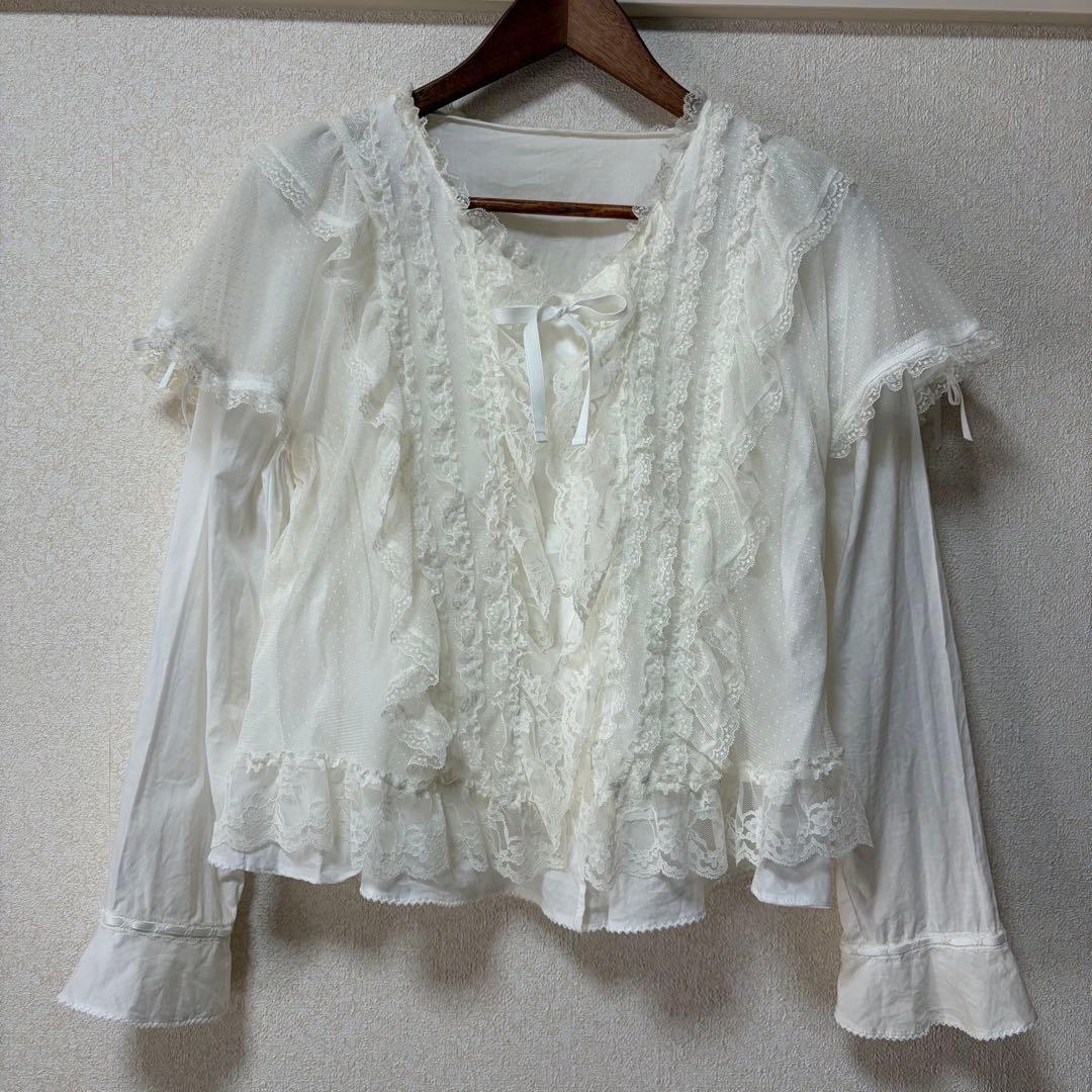 ルイスキャロル　希少　日本製　ドットチュール重ね　ローンフリルブラウスL15
