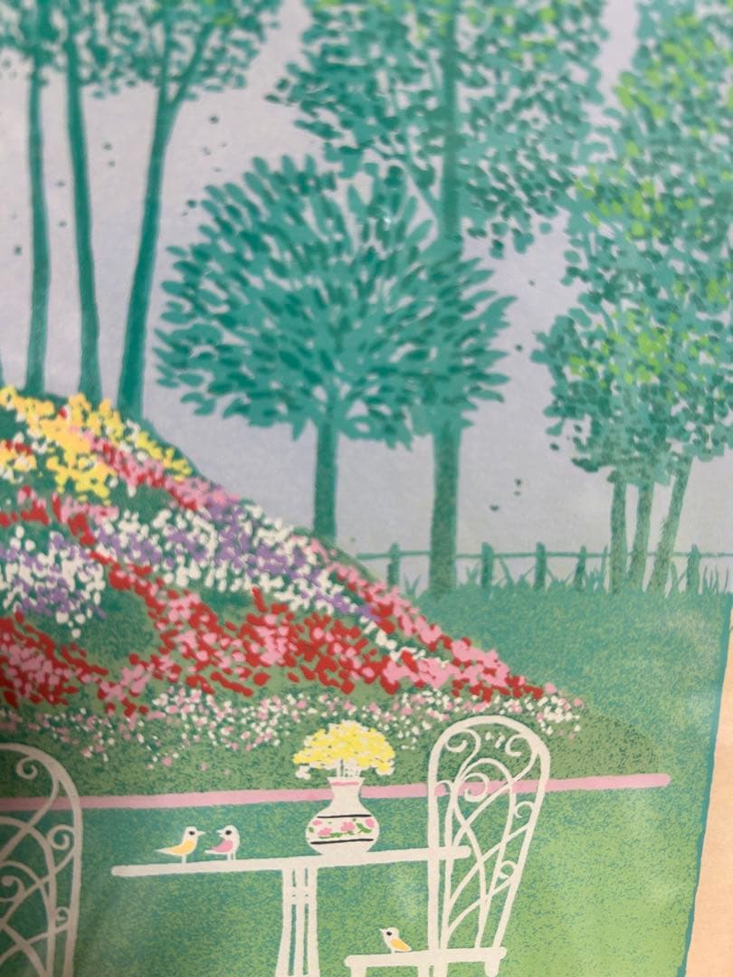 花とチャペル　小鳥　緑　吉岡浩太郎　額付き絵画シルクスクリーン初代