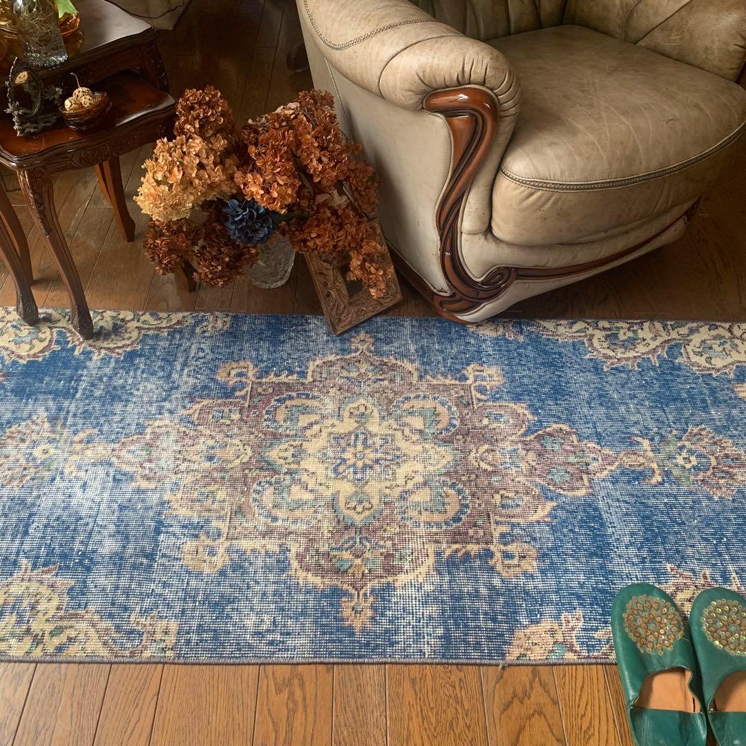 トルコヴィンテージラグ　ロングランナー　220×72.5 ネイビーブルー