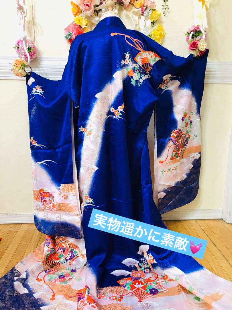 七五三7歳❣️人気Blue暈し古典柄❣️扇熨斗花々金彩煌びやか際立つ完全フルセット❣️