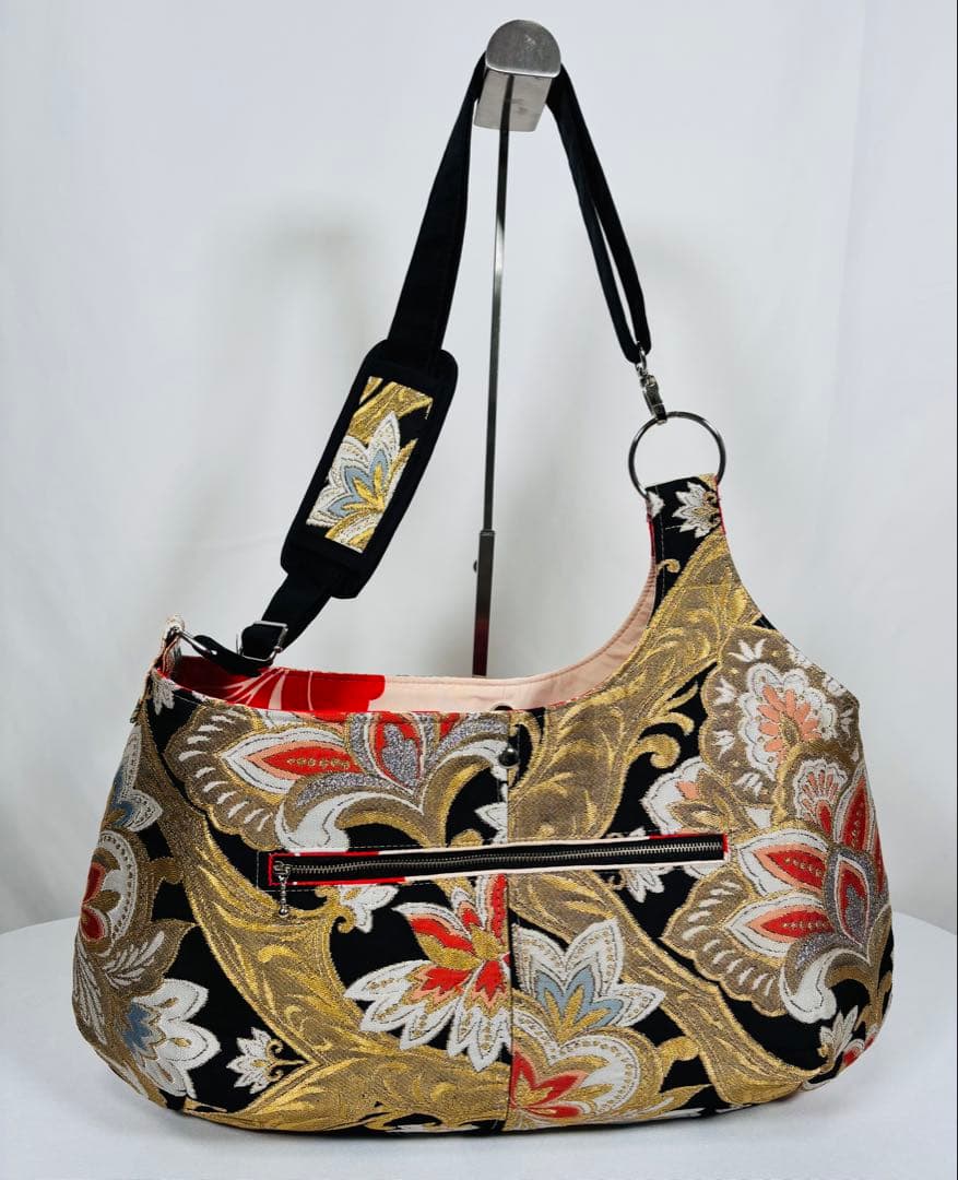 帯バッグリメイク　773番アシンメトリーBIGリバーシブル(肩あて飾り付き)