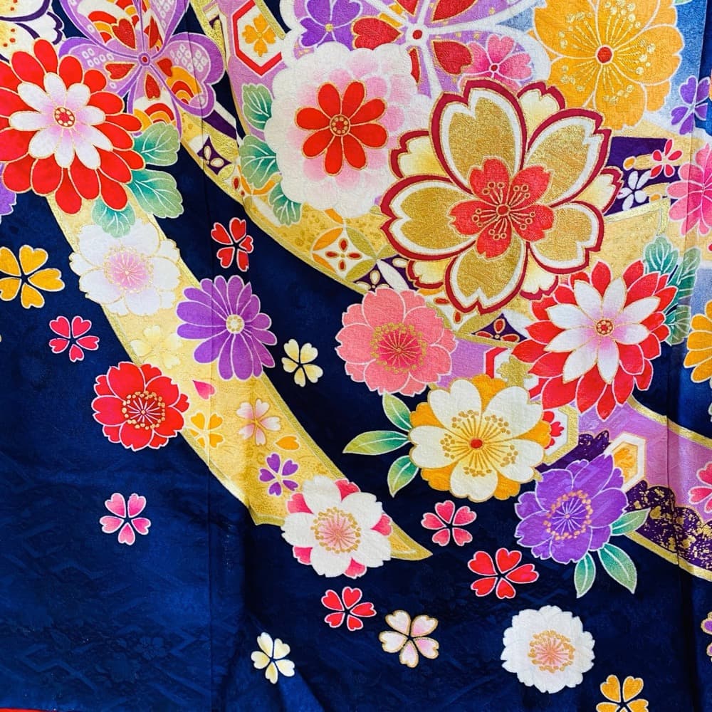振袖 正絹 紺 熨斗目 桜 豪華金彩 暈し L 身丈169 裄68 成人式