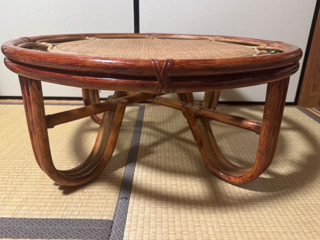 昭和レトロ　ラタン ガラステーブル 籐 　座卓　円卓　ヴィンテージ おしゃれ