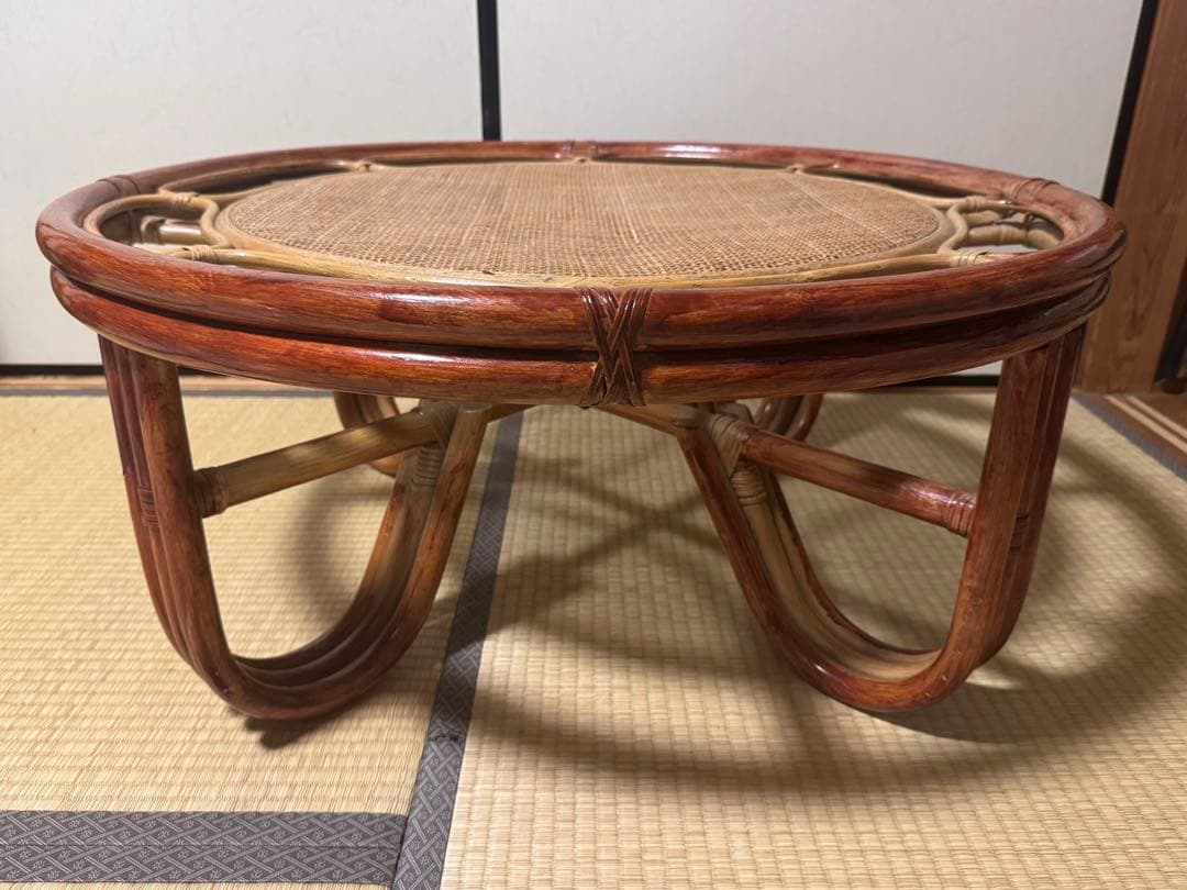 昭和レトロ　ラタン ガラステーブル 籐 　座卓　円卓　ヴィンテージ おしゃれ