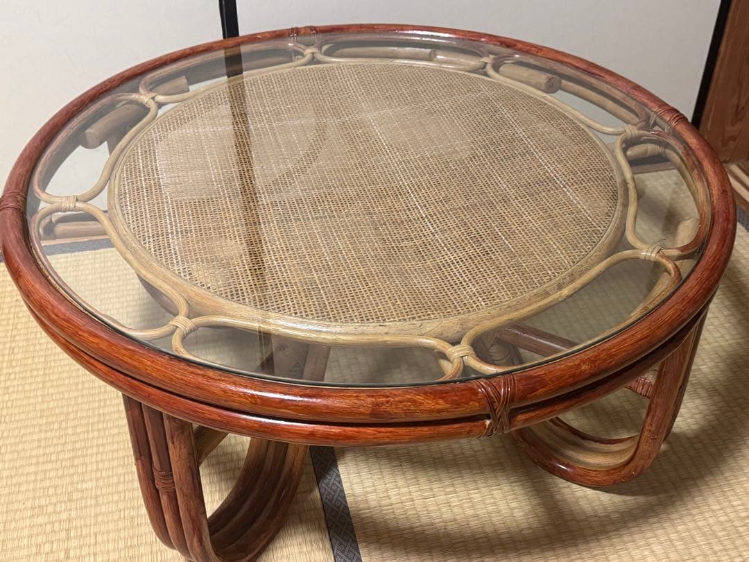 昭和レトロ　ラタン ガラステーブル 籐 　座卓　円卓　ヴィンテージ おしゃれ