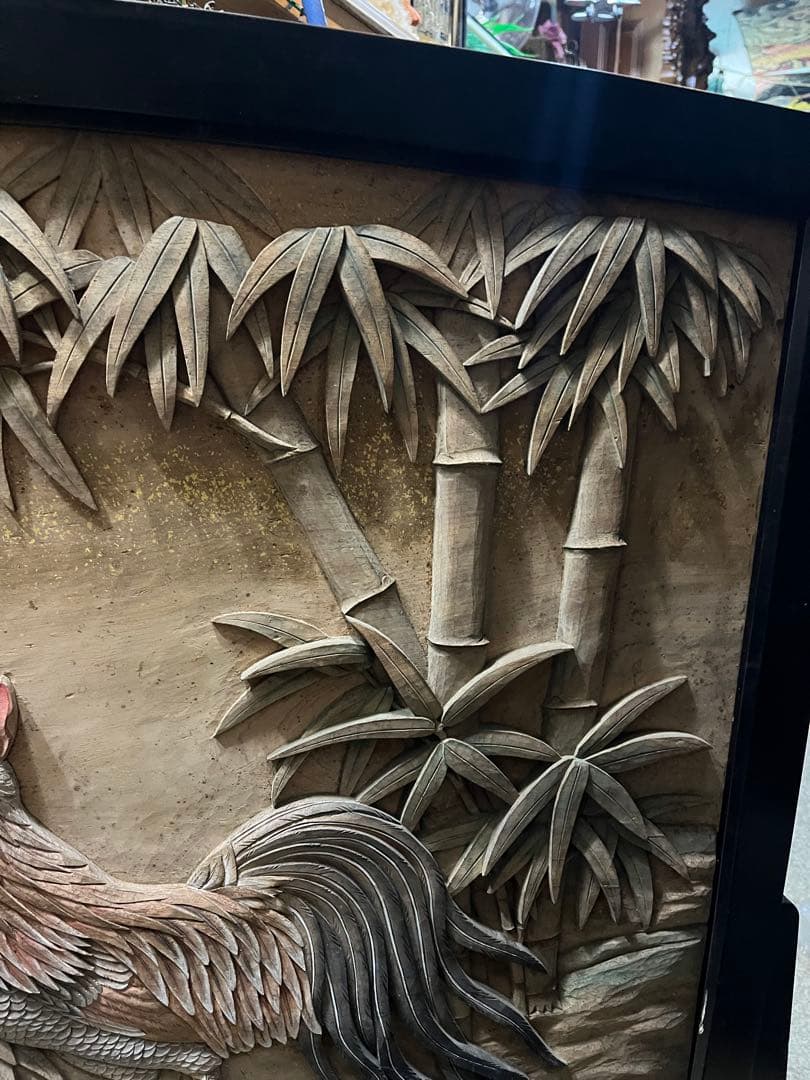 衝立、彫刻衝立、水彩絵衝立、明治時代衝立、木彫り衝立、鶏と竹とすずめ