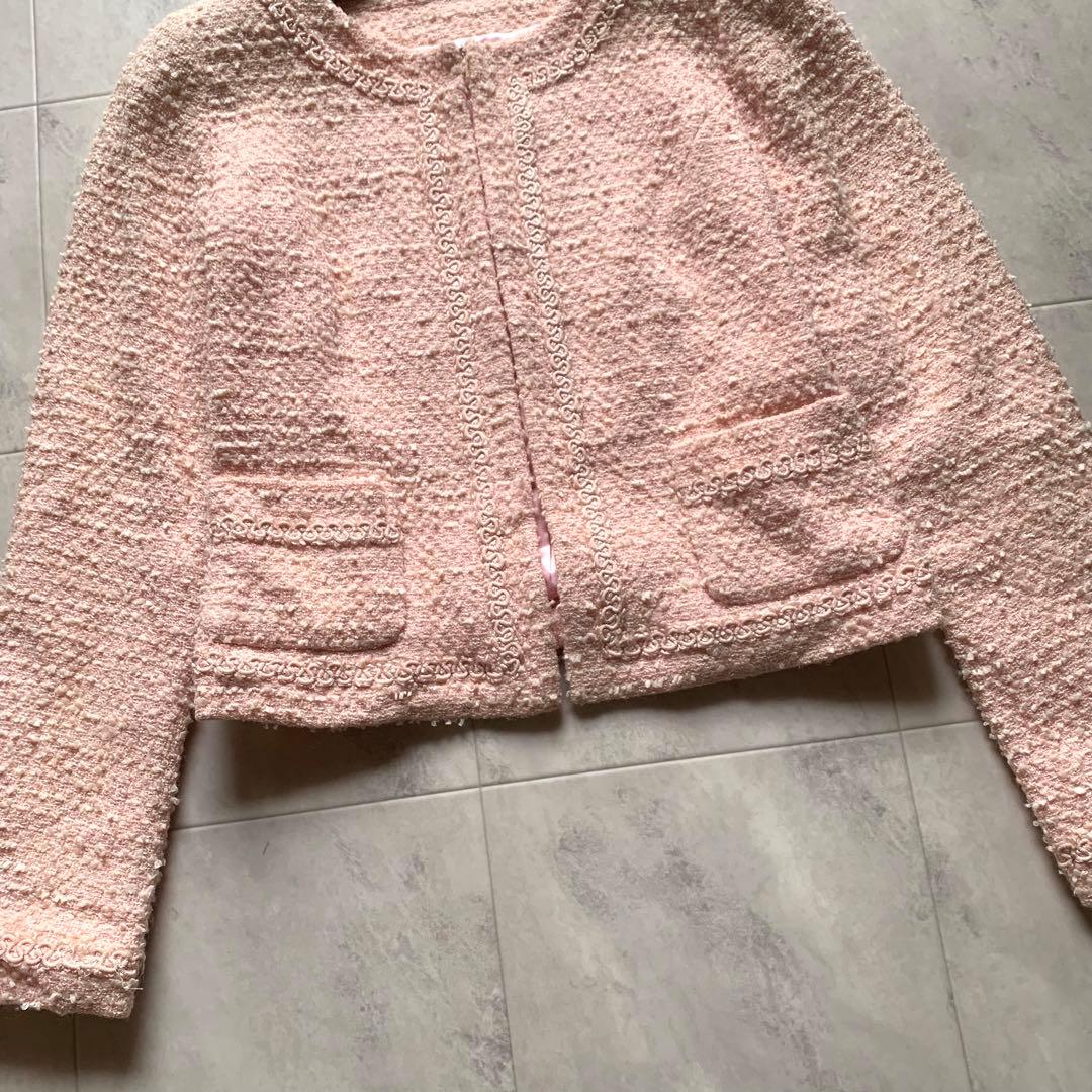 美品♡Harrods ハロッズ ノーカラー ツイード ジャケット ピンク 2