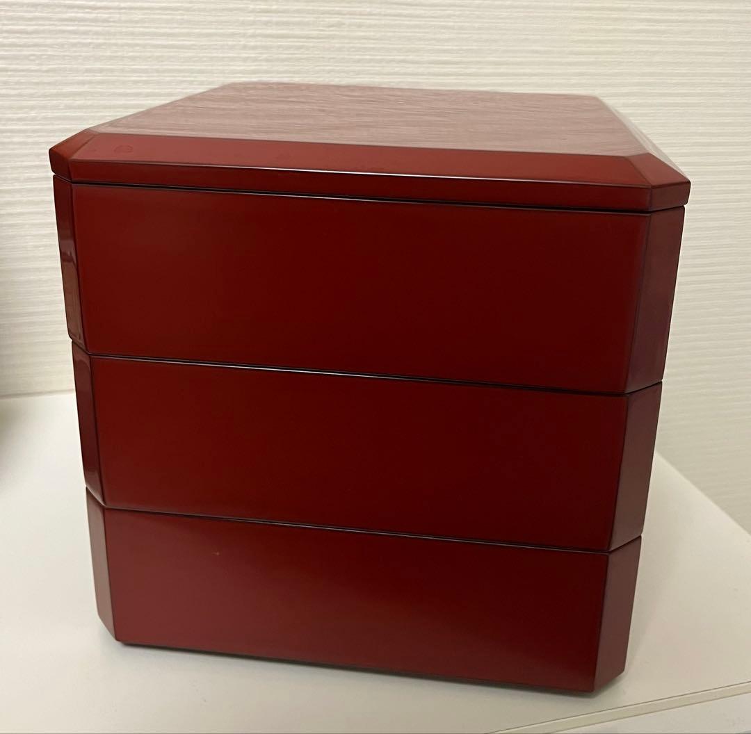 相田啓介　隅切重　本漆塗　会津塗　朱　うるし　お重箱 重箱 三段重 漆器