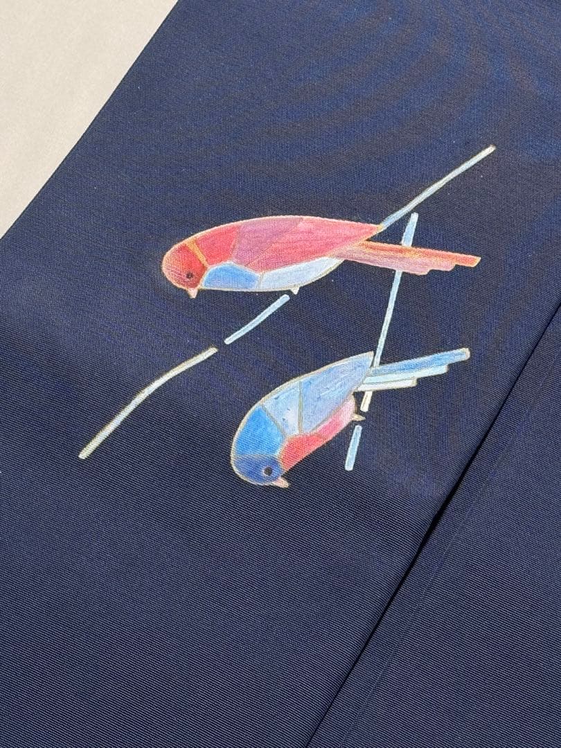 [白太郎] 名古屋帯　正絹　鳥　紺　青　洒落帯　カジュアル　小紋　紬