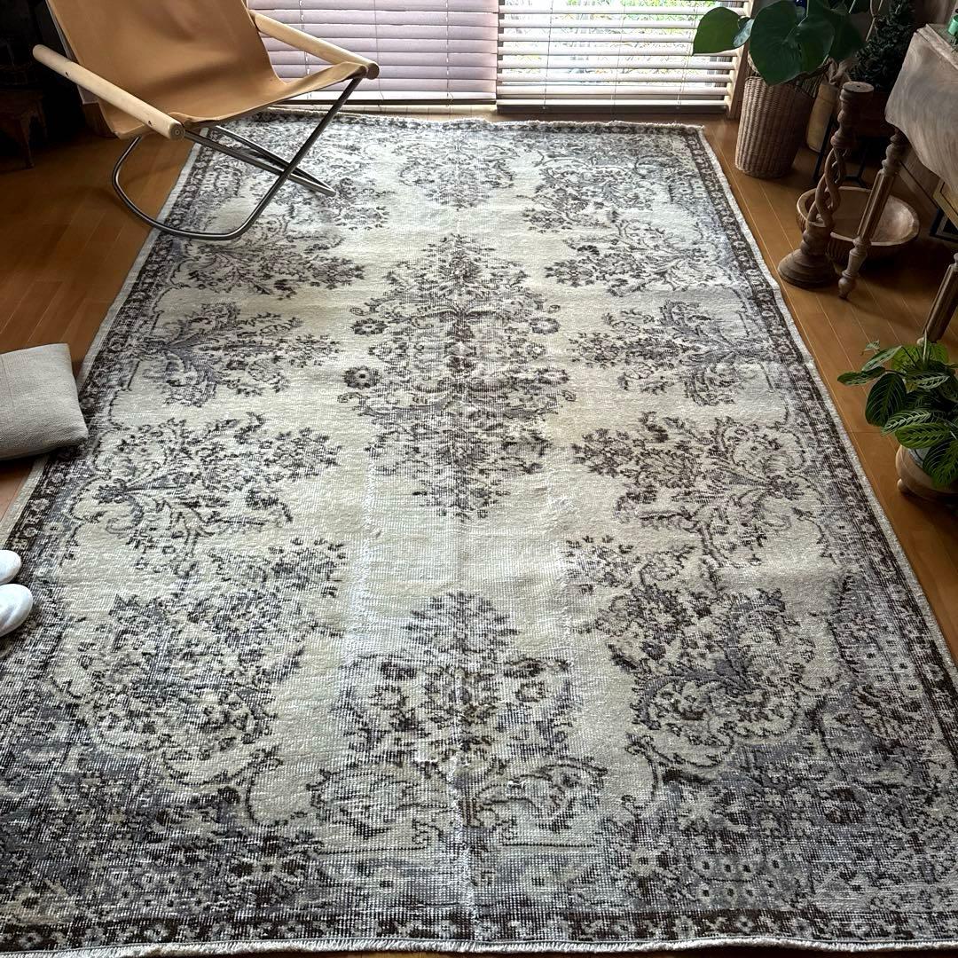 超大判173×272 クリーム×ブルーグレイ×ブラウン　トルコヴィンテージラグ