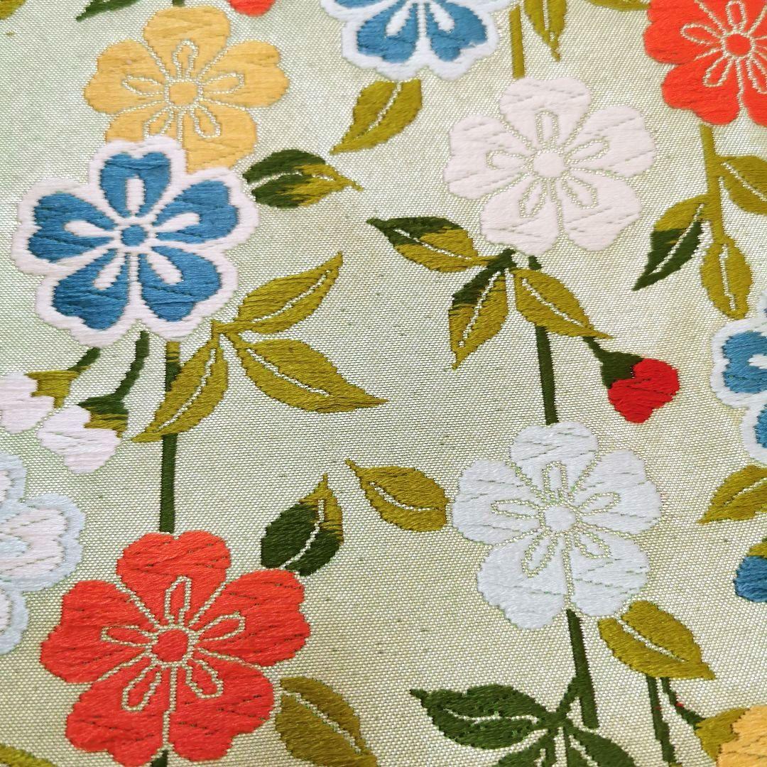 【お花畑】レアなグリーン カラフルお花畑な 贅沢 唐織 袋帯