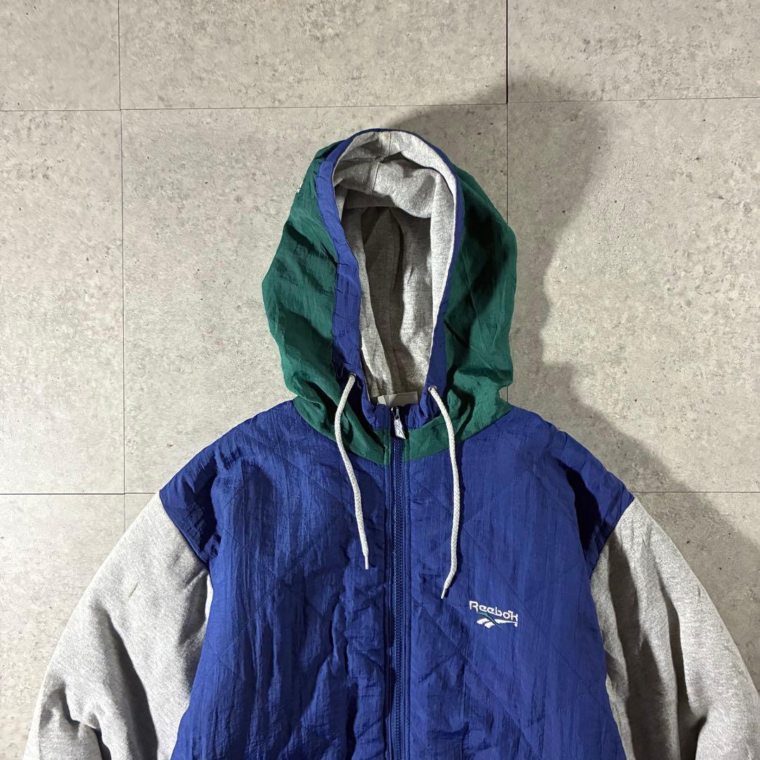90s reebok中綿キルティングジャケット刺繍ロゴスウェット切替フーディ短丈