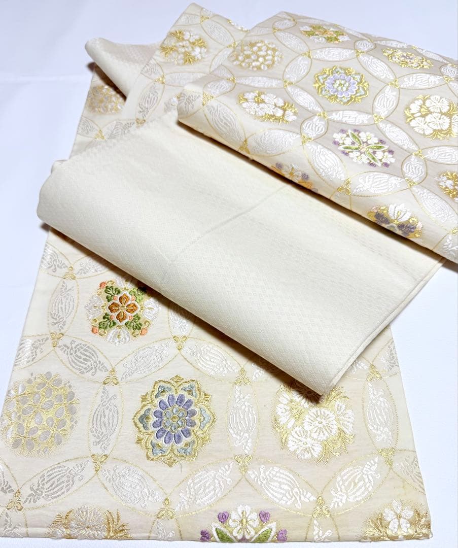 高級 袋帯 正絹 六通柄 七宝柄 ホワイト シルバー 唐織 訪問着