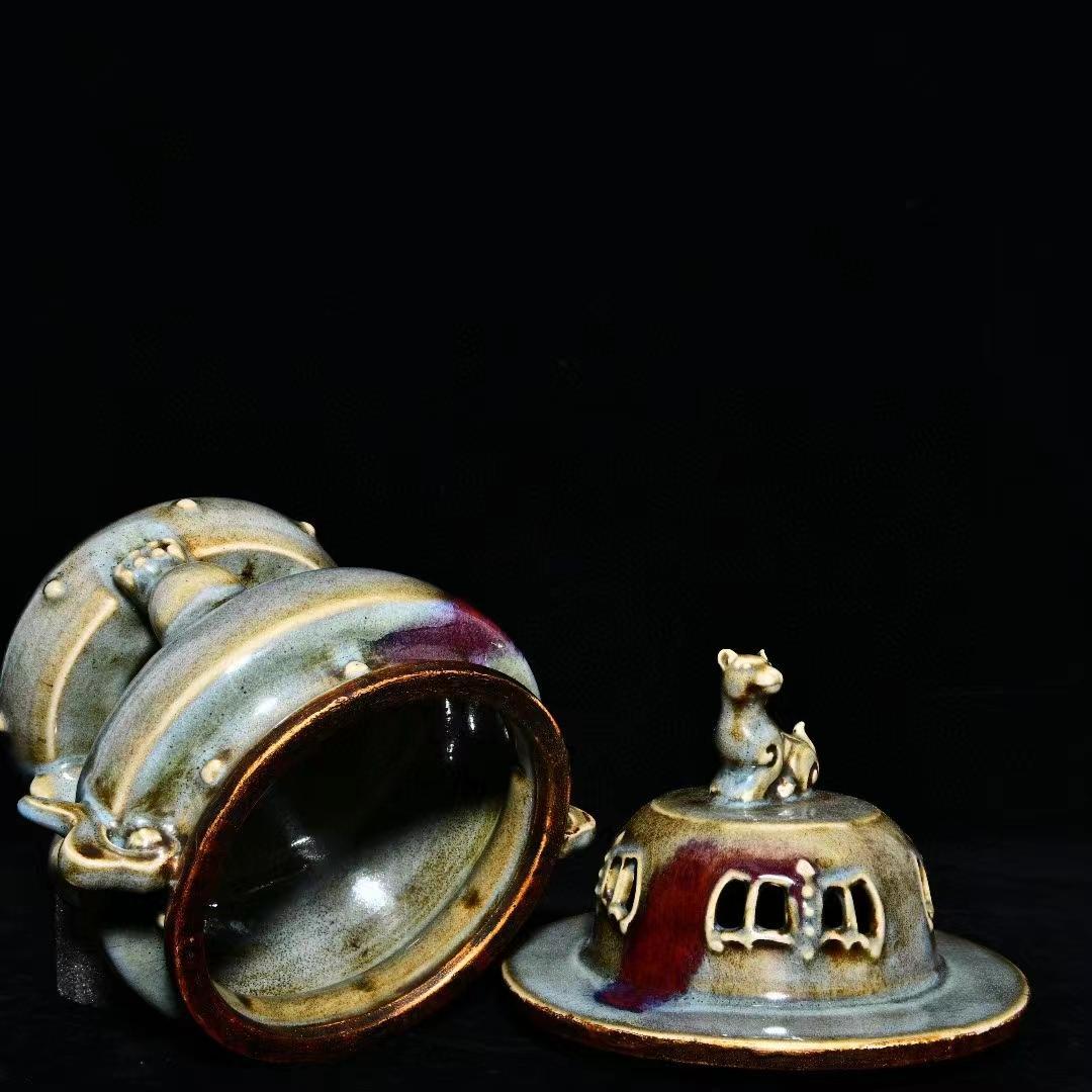 中国古美術・旧蔵の磁器、曜変釉と鎏金で口と双耳香炉・20x28cm・茶道具・置物