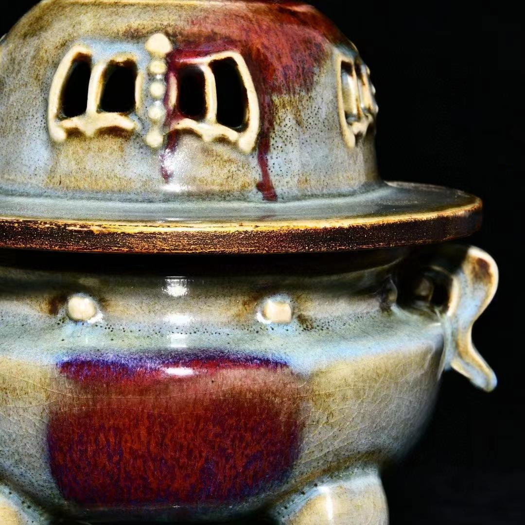 中国古美術・旧蔵の磁器、曜変釉と鎏金で口と双耳香炉・20x28cm・茶道具・置物