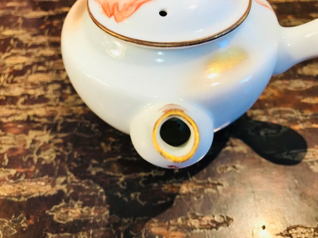 稀少 時代古物 古九谷 赤絵 金彩山水閣楼紋 煎茶器 急須/煎茶碗/湯冷 5点