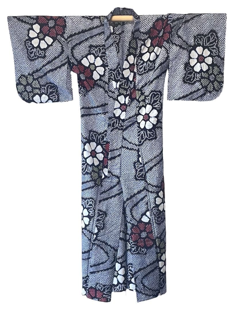 □夏涼浴衣　有松総絞り　花柄　藍色　身丈約160cm