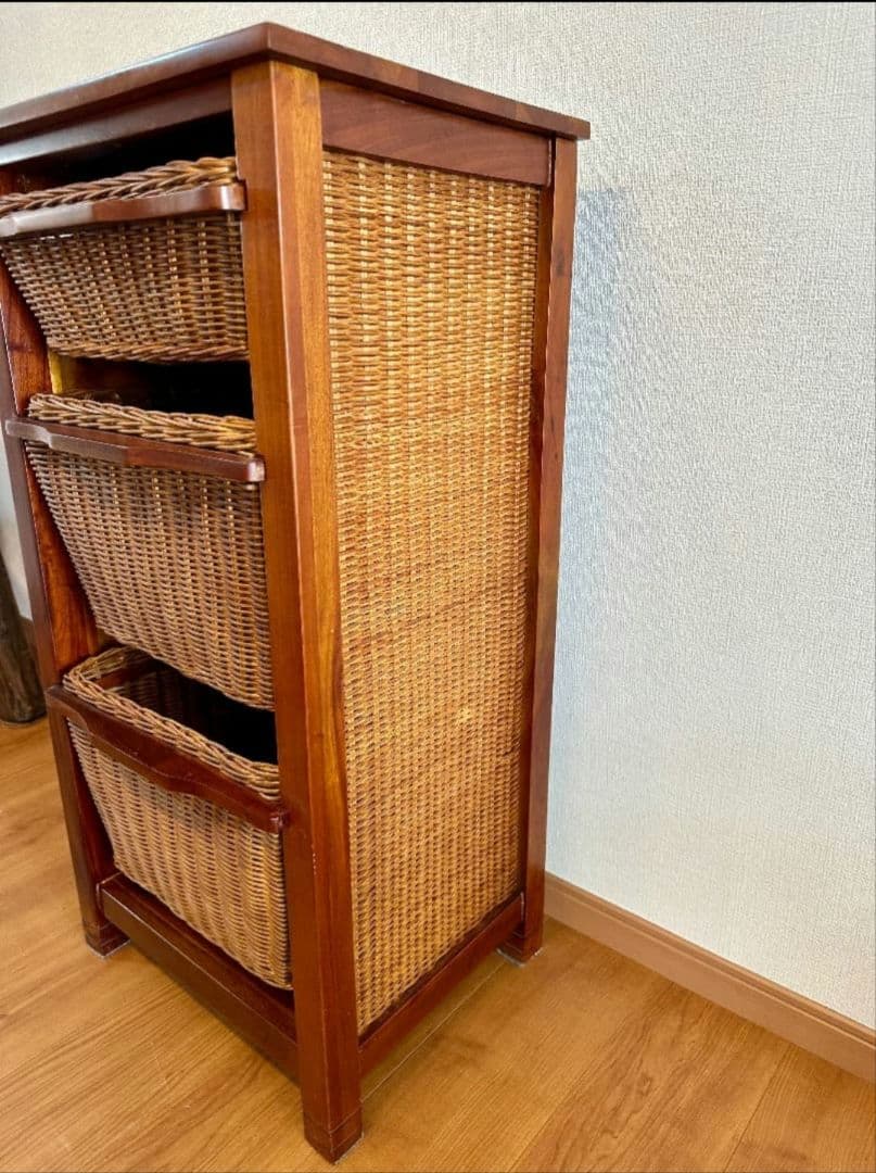 直接取引のみ籐製ラック３バスケット付き ブラウンラタン収納①