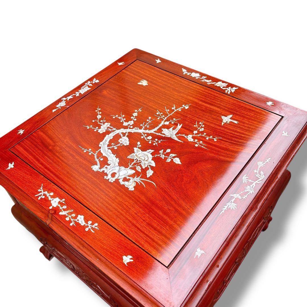 アンティーク 猫脚 螺鈿細工 木製 サイドテーブル 花鳥図 引き出し付き 赤茶