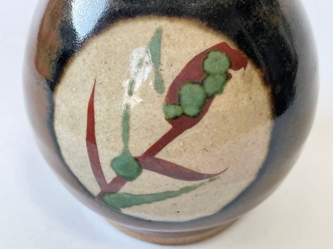 人間国宝　陶芸家　濱田庄司　浜田庄司　柿釉　トウキビ文　赤絵　徳利　共箱　民芸