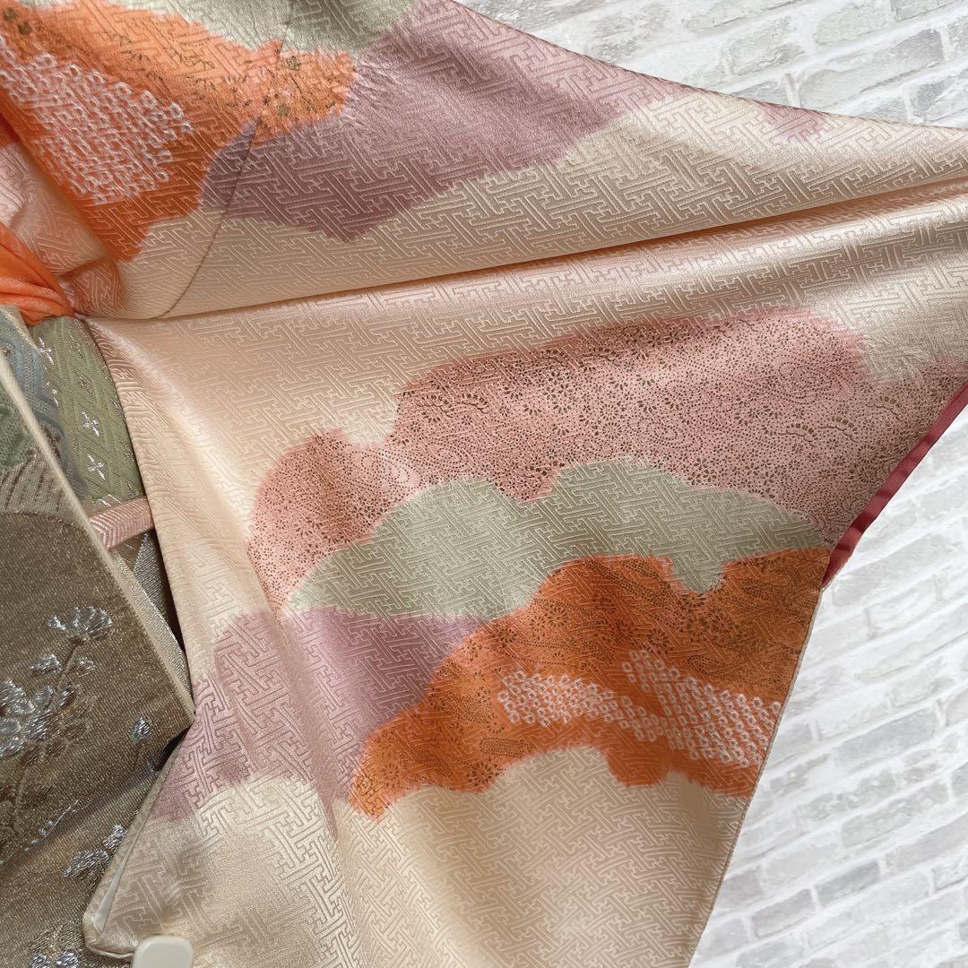 訪問着　フルセット　橘　手刺繍　鹿の子絞り　紗綾形地紋　入学式　卒業式　Q5