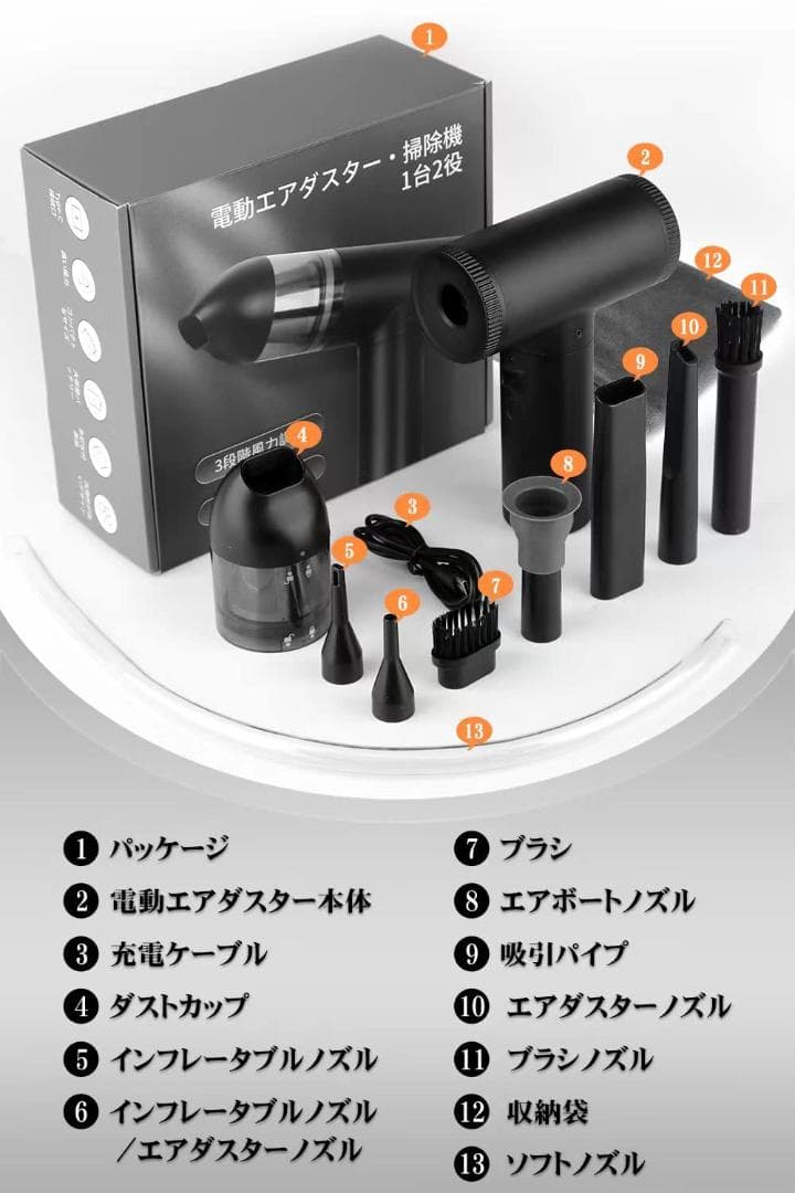 USB充電式 超強力電動エアダスター 多機能ノズル