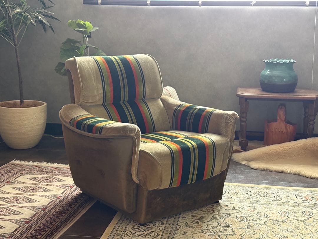 グリーンオレンジストライプ　ミッドセンチュリー　ヴィンテージ　1Pソファ