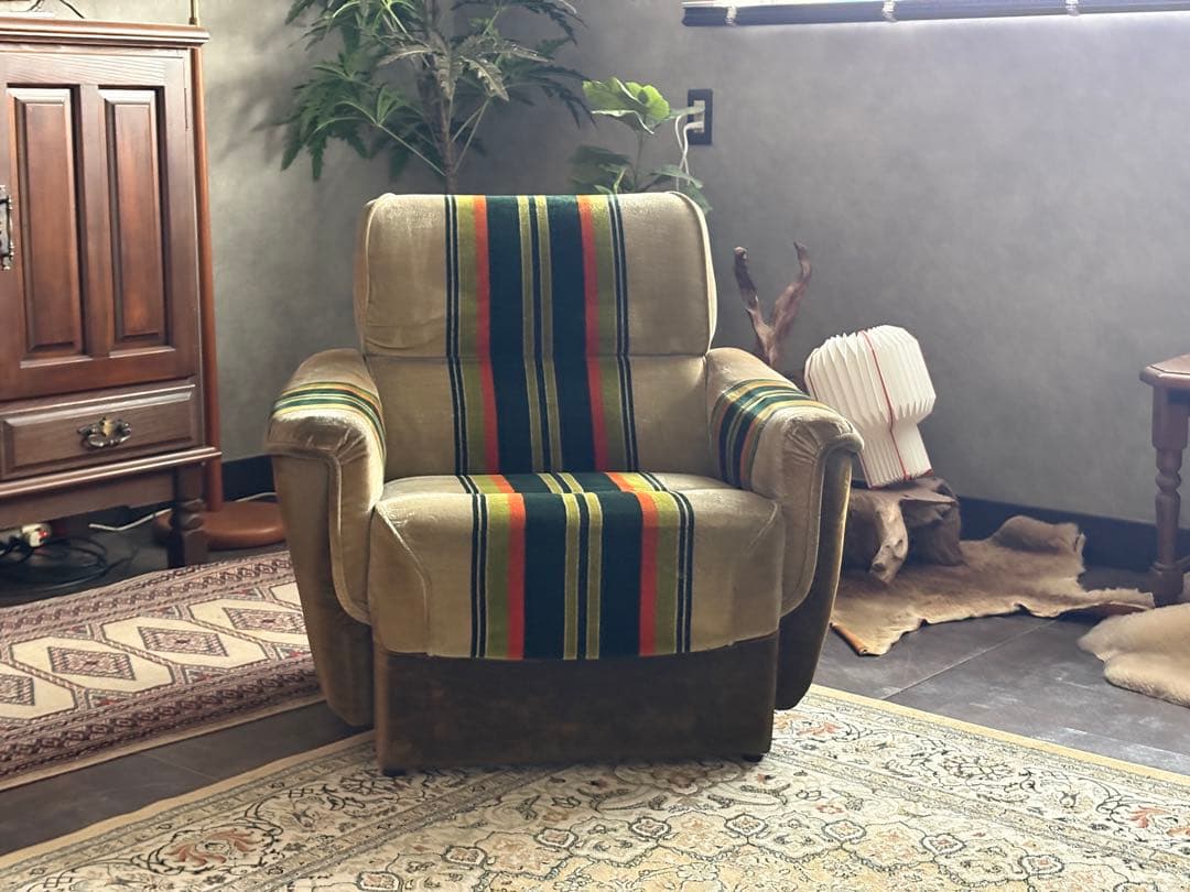 グリーンオレンジストライプ　ミッドセンチュリー　ヴィンテージ　1Pソファ