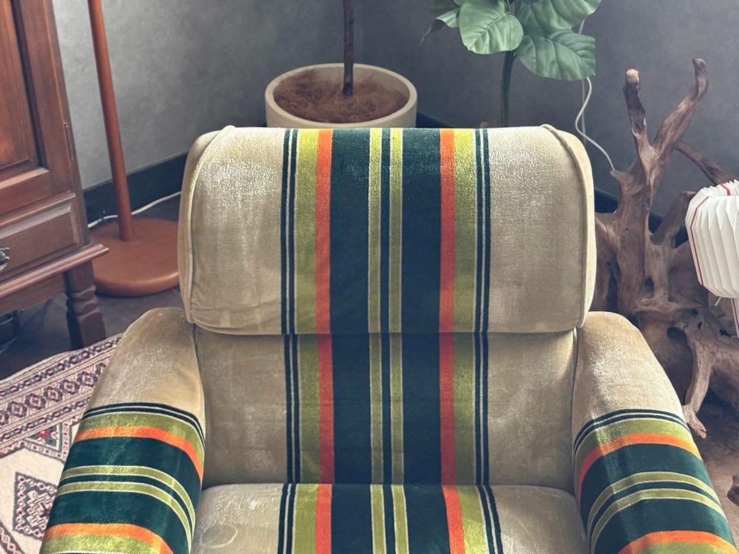 グリーンオレンジストライプ　ミッドセンチュリー　ヴィンテージ　1Pソファ