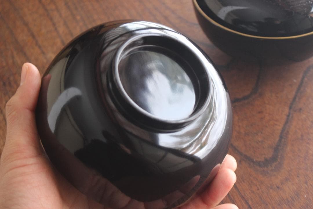 時代逸品！時代金縁黒漆に極上龍富士山沈金の映えるお椀2点（検輪島塗沈金椀懐石椀