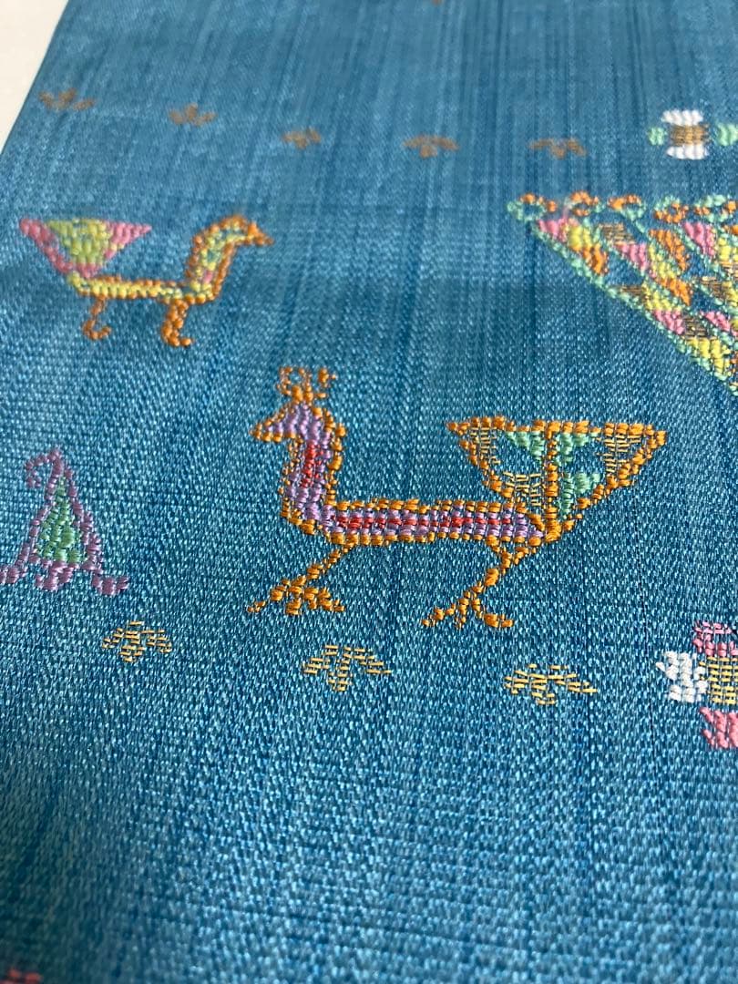 正絹　洒落袋帯 西陣織　異国情緒の可愛らしい動物文様／キリム調　青