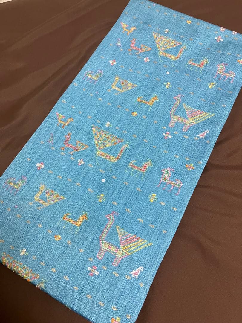 正絹　洒落袋帯 西陣織　異国情緒の可愛らしい動物文様／キリム調　青