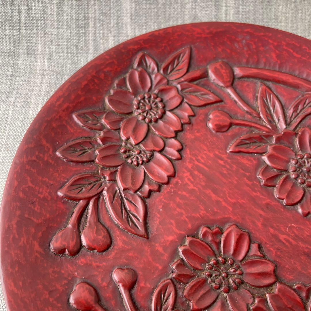 確認用　鎌倉彫　八重桜　サクラ　漆器　木製　木彫り　菓子皿　5寸皿