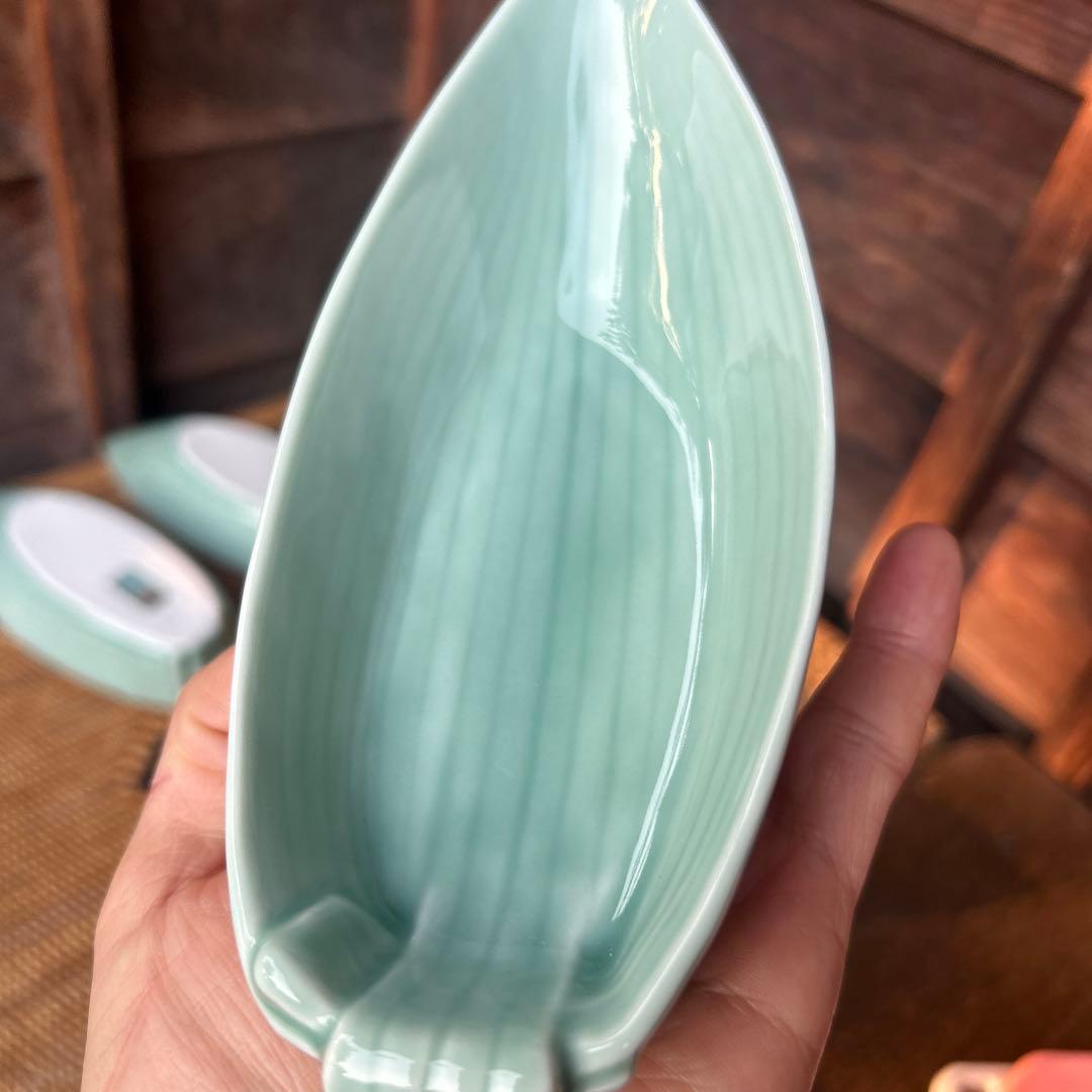 ※箱なし深川製磁　百年庵　笹青磁　笹舟取皿揃　５枚 小鉢 刺身皿 盛り付け皿