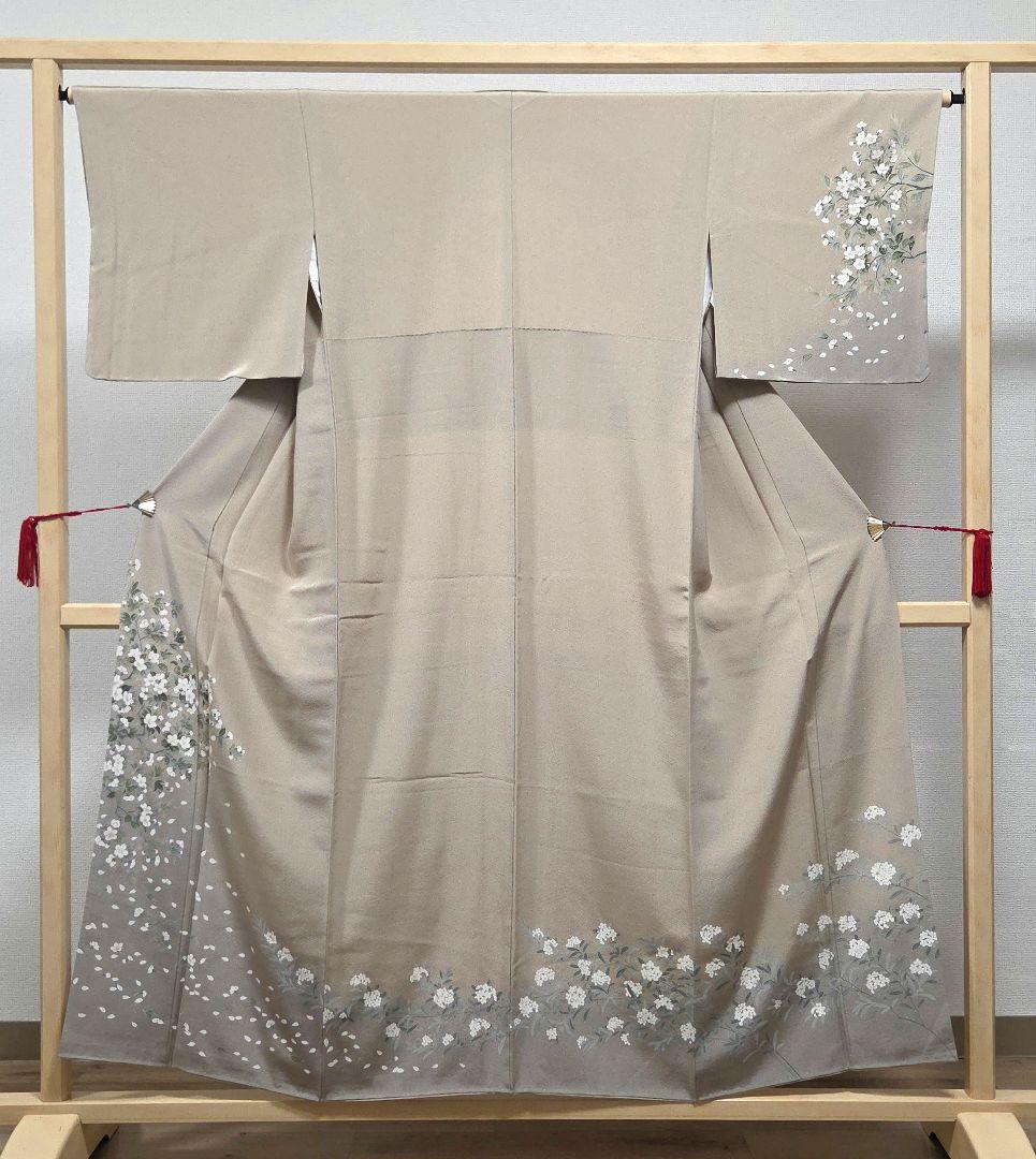 B 美品 手描き友禅染め 桜の花模様 縮緬 袷 正絹 訪問着 着物 53