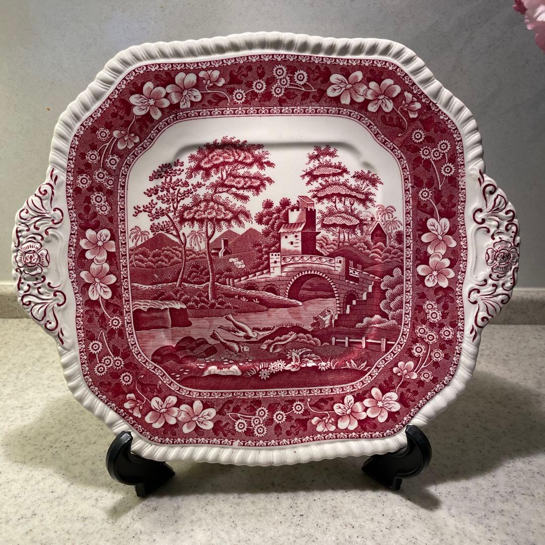 スポード　持ち手付き四角大皿　ピンクタワー　1970年代製Spodeで購入　新品